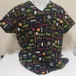 Halloween Nursing Scrubs Eek Spooky Ghost Black SB